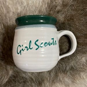 Vintage Handmade White & Green Glazed Pottery Stoneware Mug - Girl Scouts
